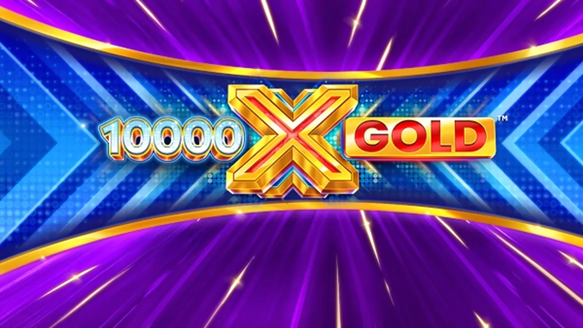 Isang gintong-ginto na larawan ng 10,000 X Gold slot game, nagpapakita ng mga reel na puno ng mga simbolo ng kayamanan at multipliers.